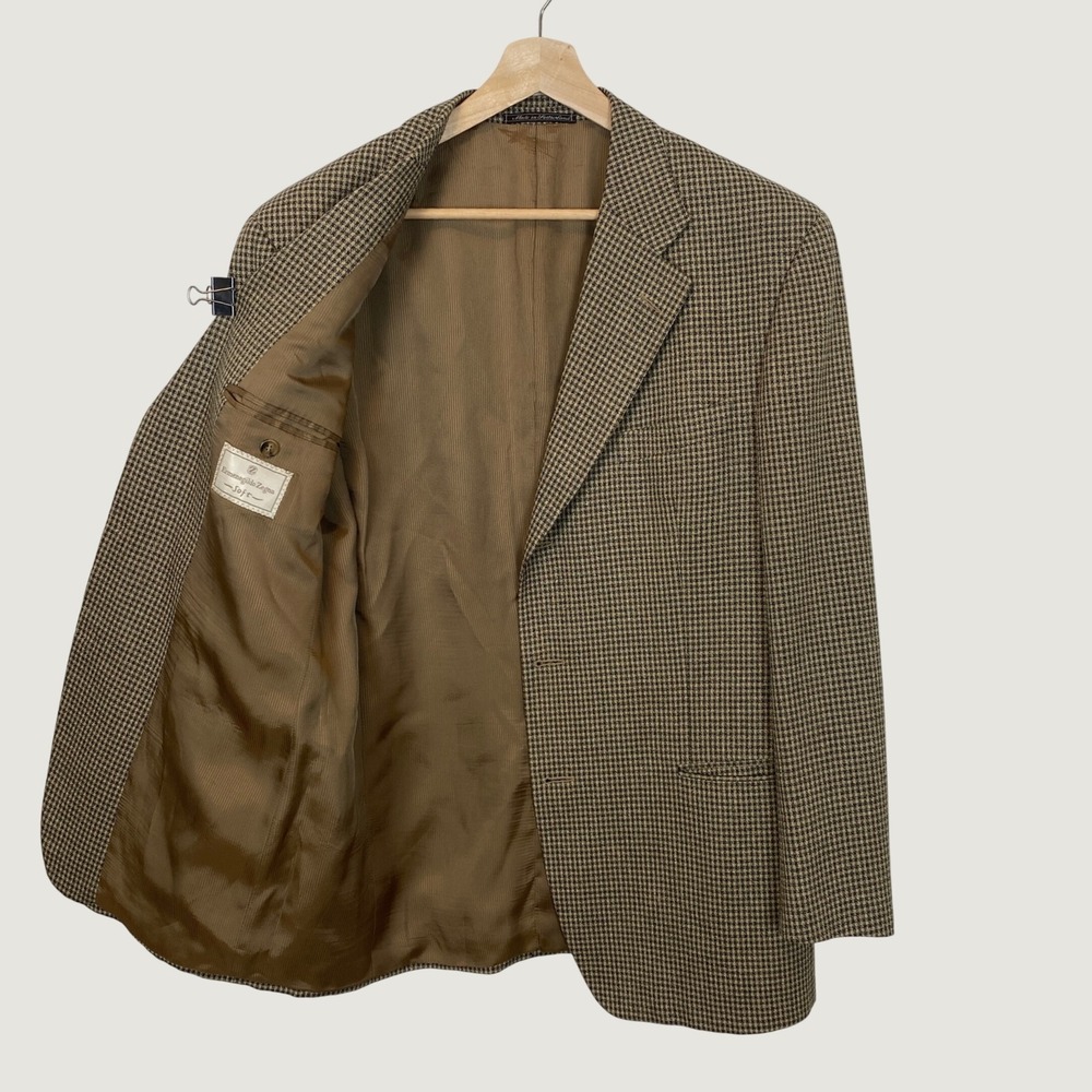 Ermenegildo Zegna Soft Silk Wool Micro Check Tan Blazer Jacket Sport Coat 42R